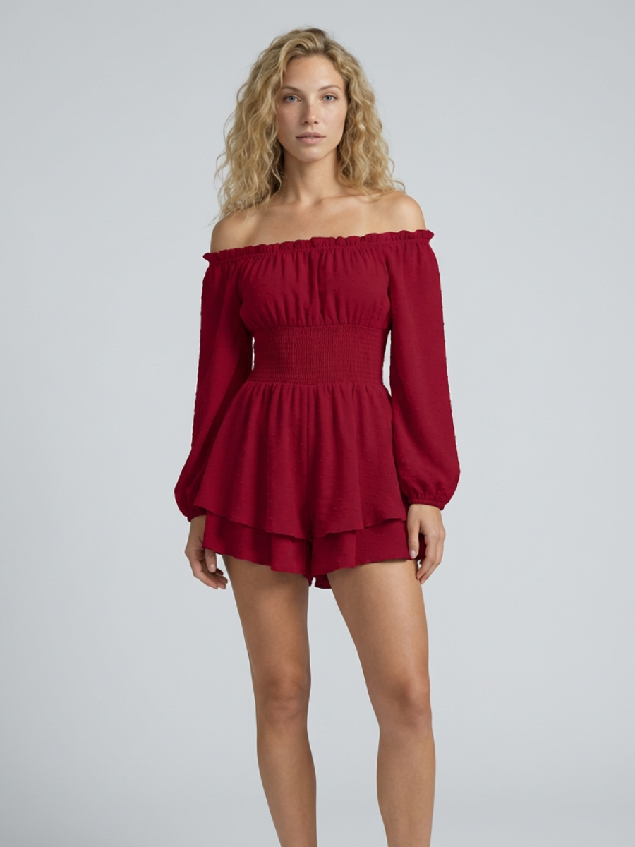 Summer Play Suits Women's Off-Shoulder Playsuit with Shirred Waist