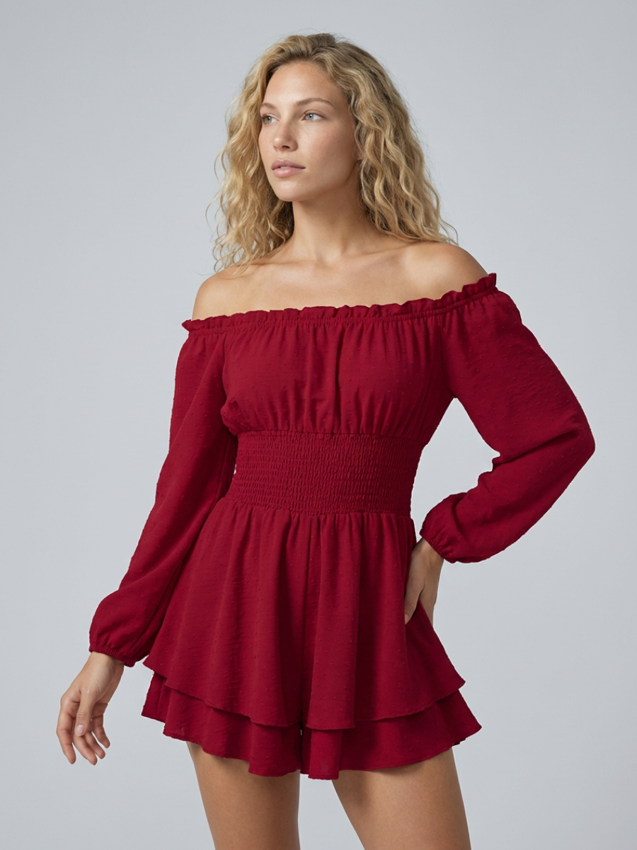 Summer Play Suits Women's Off-Shoulder Playsuit with Shirred Waist