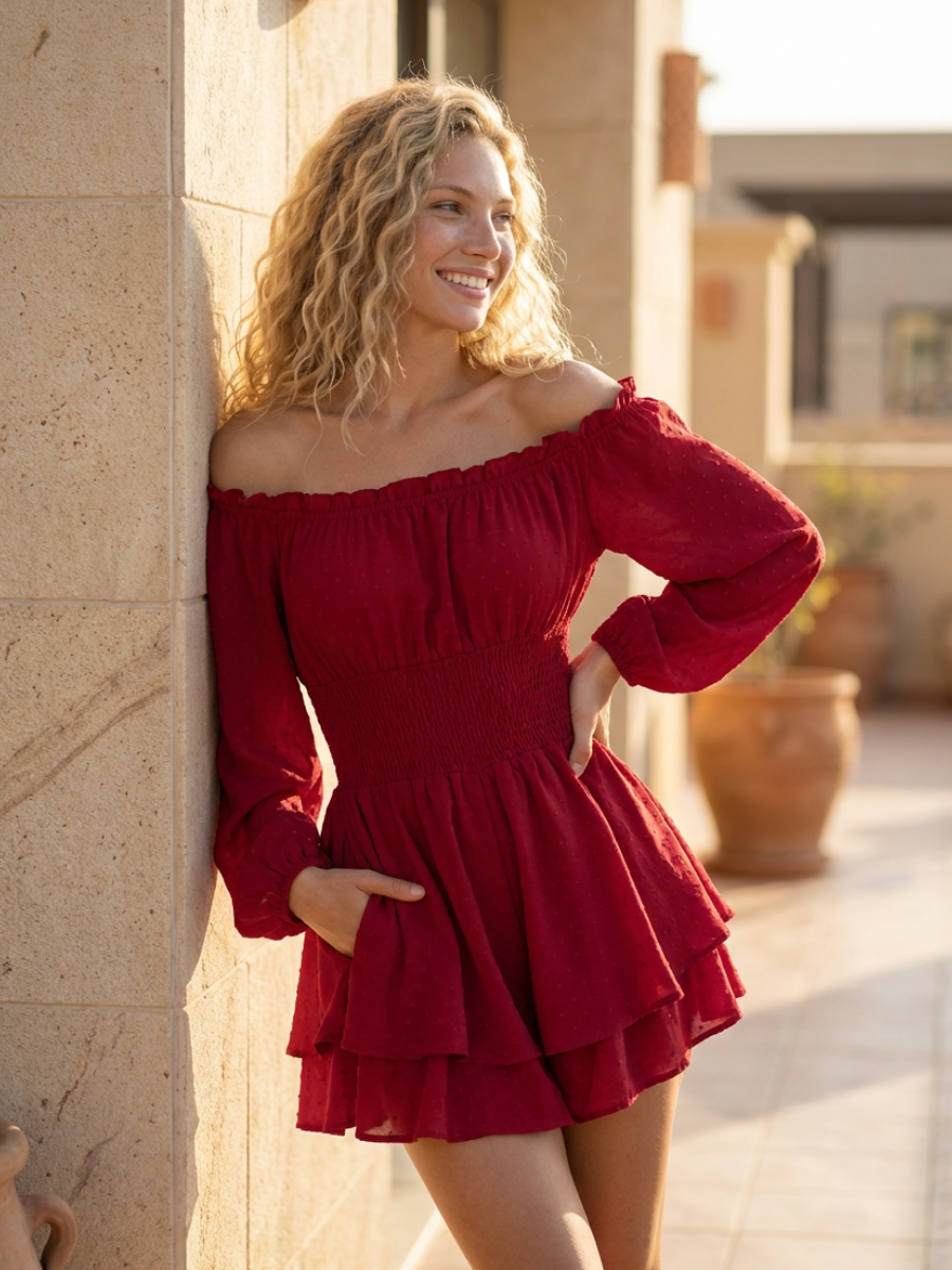 Summer Play Suits Women's Off-Shoulder Playsuit with Shirred Waist