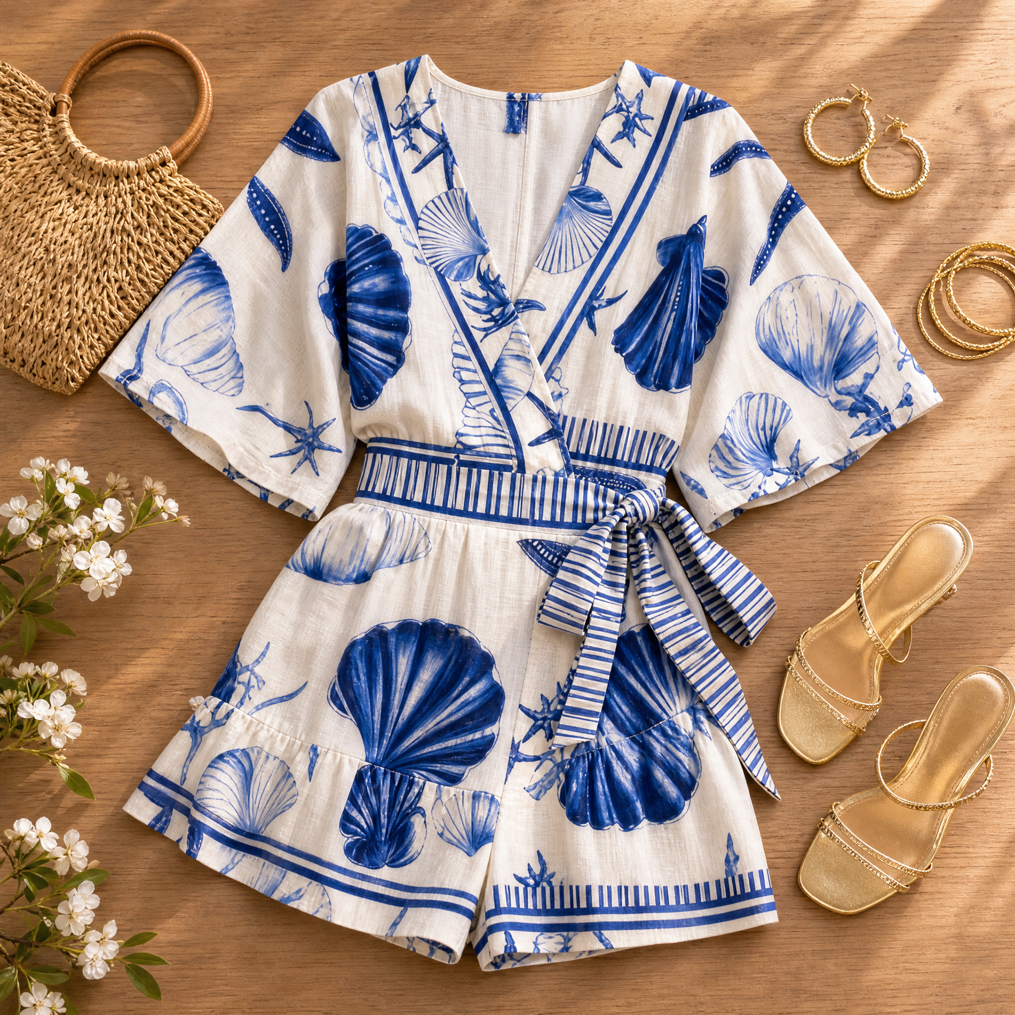 Summer Play Suits Women's Shell Print Wrap Romper with Tie Waist