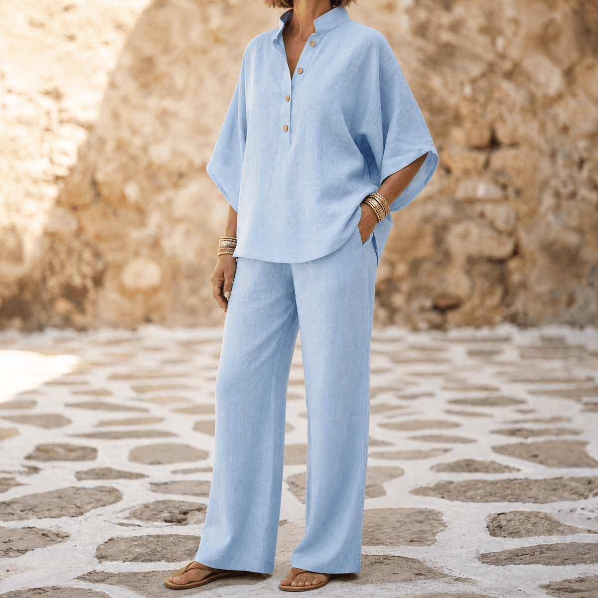 Womens Linen Set with Wide Leg Pants and Stand Collar Tunic Top