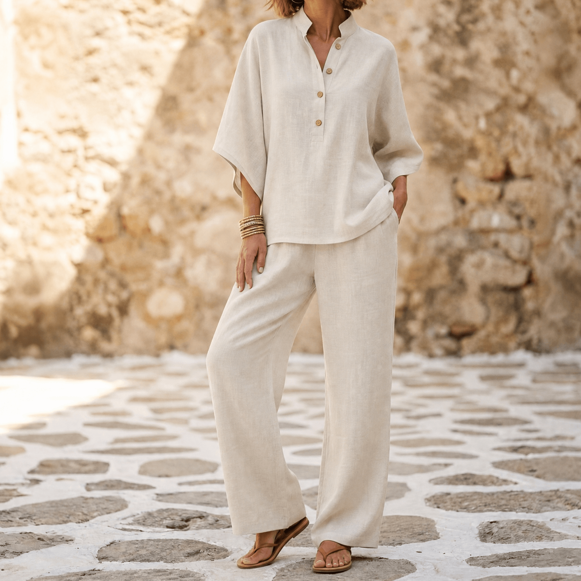 Womens Linen Set with Wide Leg Pants and Stand Collar Tunic Top