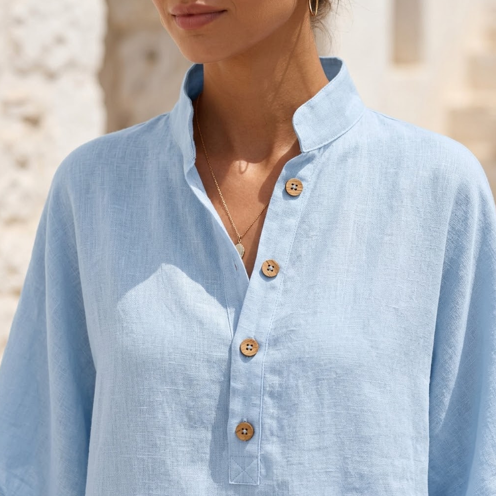 Womens Linen Set with Wide Leg Pants and Stand Collar Tunic Top