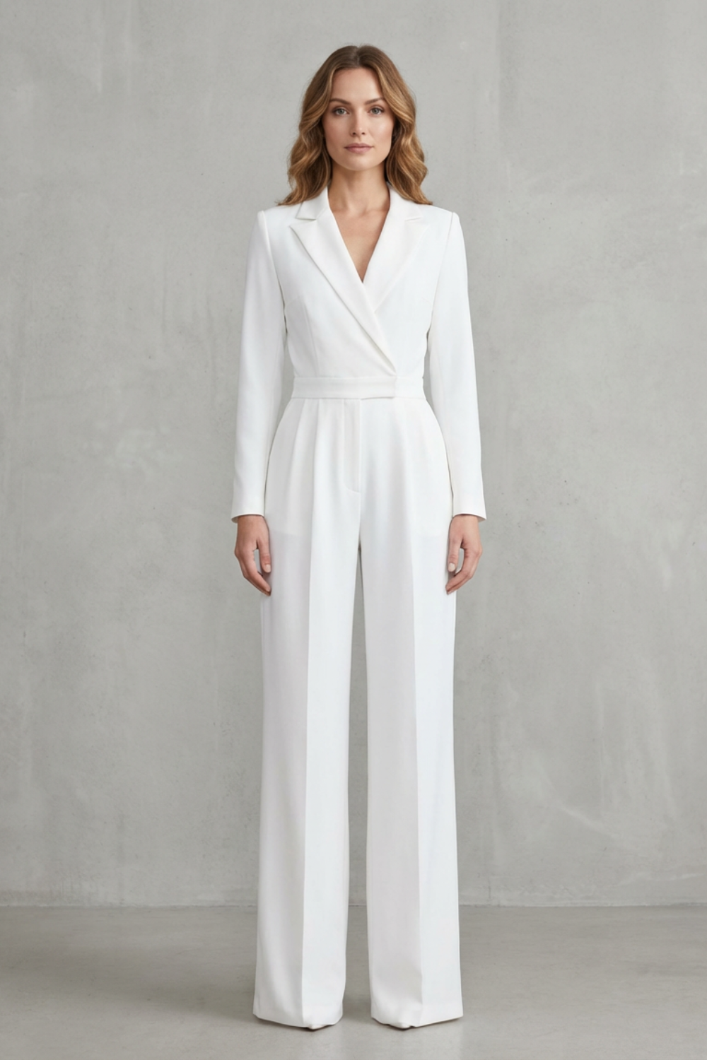 Wide Leg Jumpsuit with Slant Lapel in Stretch Woven Fabric for Women