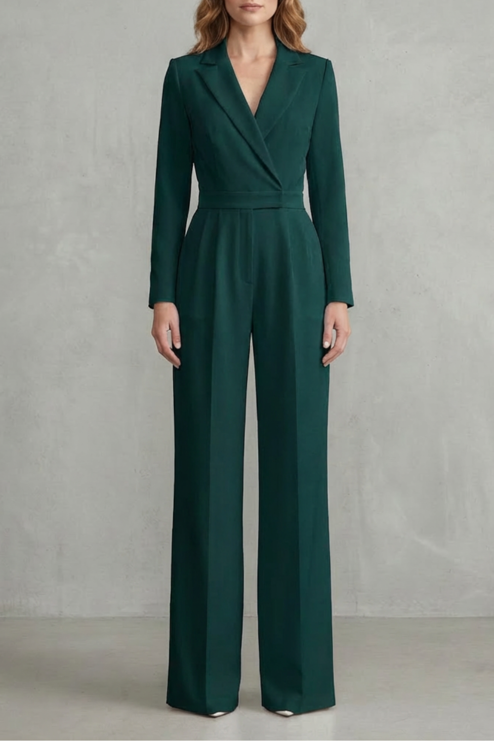 Wide Leg Jumpsuit with Slant Lapel in Stretch Woven Fabric for Women