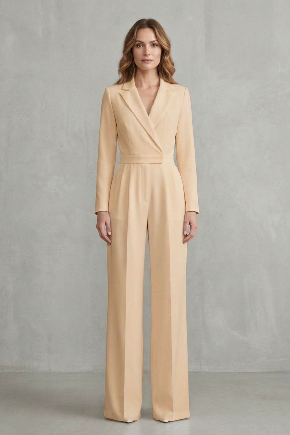 Wide Leg Jumpsuit with Slant Lapel in Stretch Woven Fabric for Women