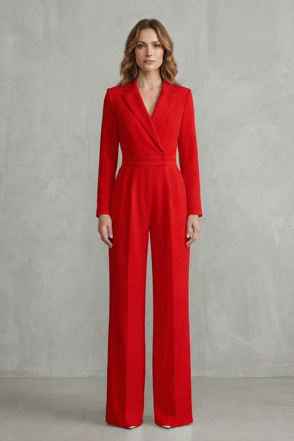 Wide Leg Jumpsuit with Slant Lapel in Stretch Woven Fabric for Women