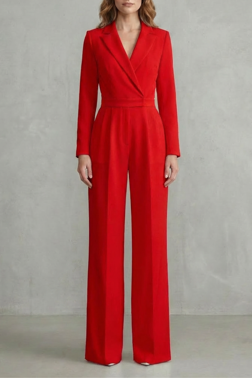 Wide Leg Jumpsuit with Slant Lapel in Stretch Woven Fabric for Women