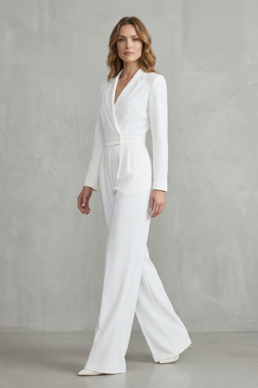 Wide Leg Jumpsuit with Slant Lapel in Stretch Woven Fabric for Women