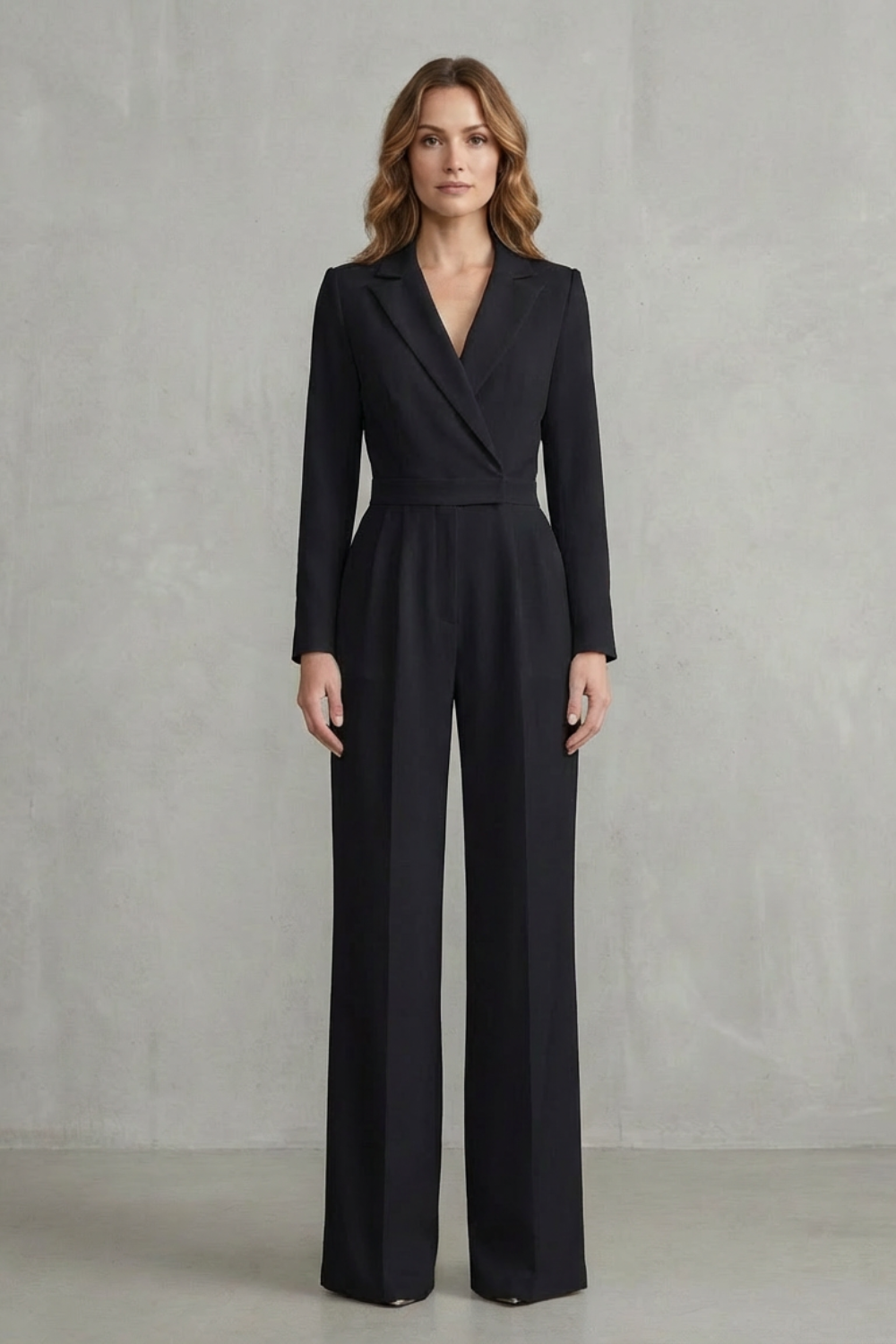 Wide Leg Jumpsuit with Slant Lapel in Stretch Woven Fabric for Women