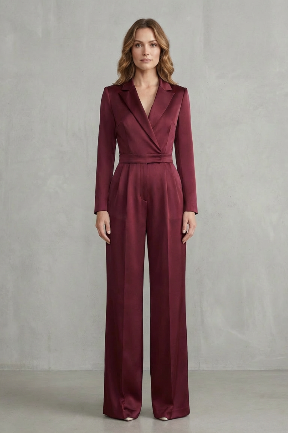 Wide Leg Jumpsuit with Slant Lapel in Stretch Woven Fabric for Women