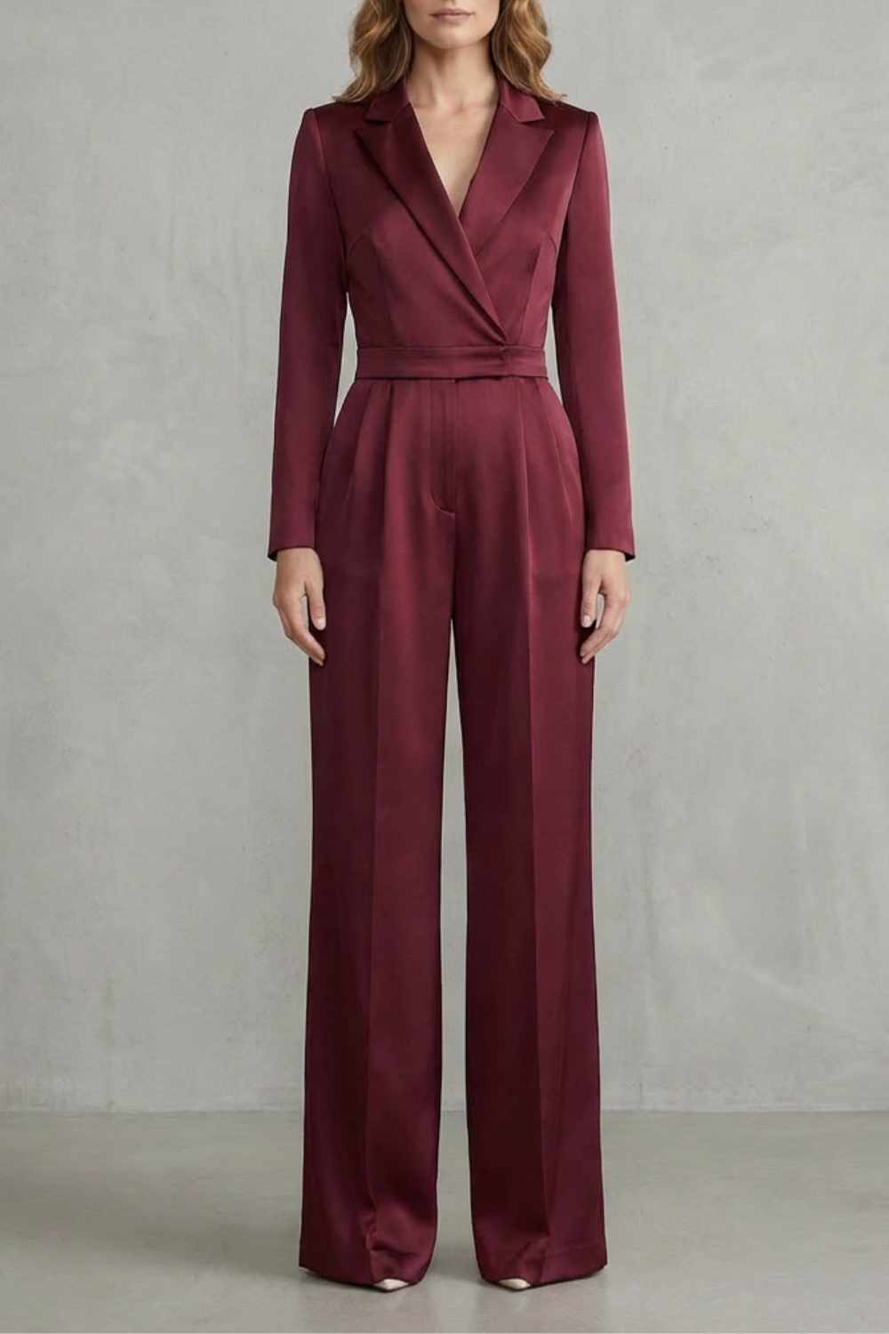 Wide Leg Jumpsuit with Slant Lapel in Stretch Woven Fabric for Women