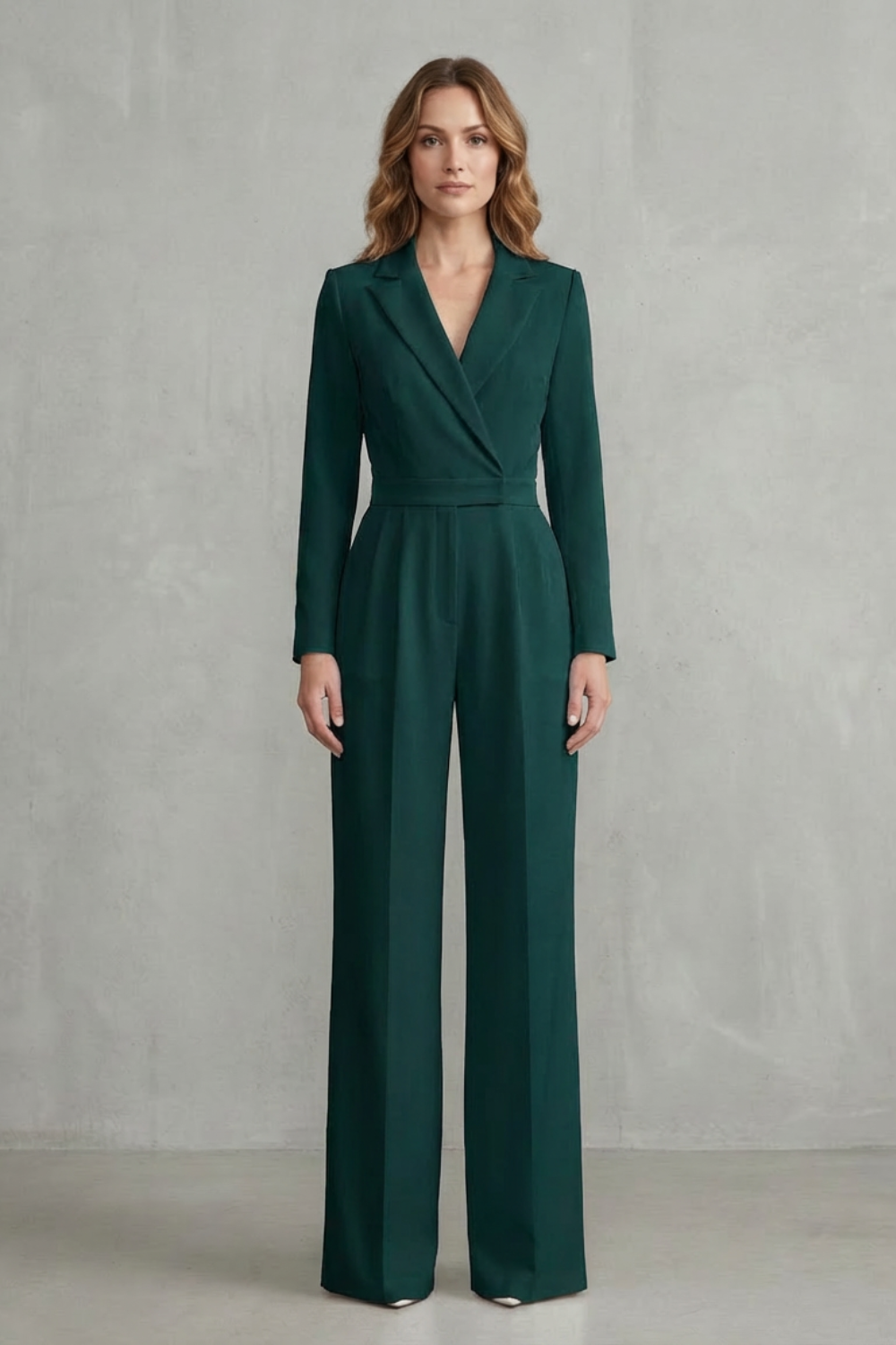 Wide Leg Jumpsuit with Slant Lapel in Stretch Woven Fabric for Women