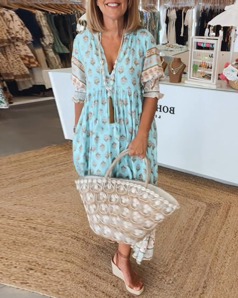 Women's Boho Print Maxi Dress with Tie Front V-Neck and Puff Sleeves