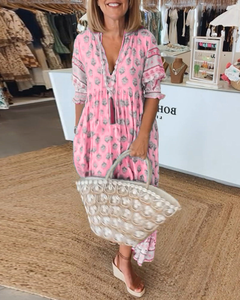 Women's Boho Print Maxi Dress with Tie Front V-Neck and Puff Sleeves