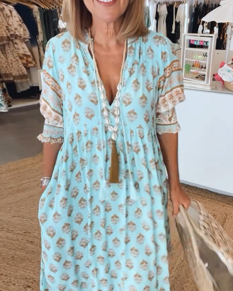 Women's Boho Print Maxi Dress with Tie Front V-Neck and Puff Sleeves
