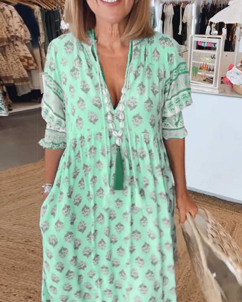 Women's Boho Print Maxi Dress with Tie Front V-Neck and Puff Sleeves