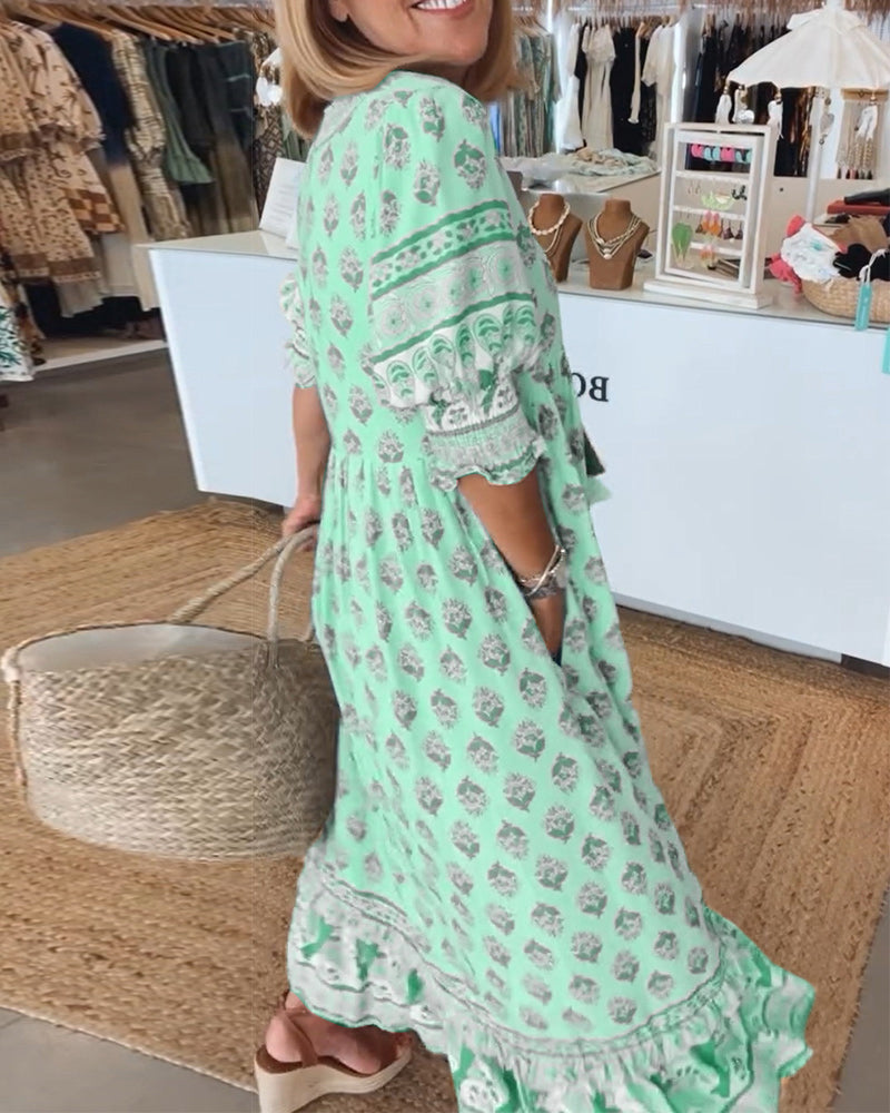 Women's Boho Print Maxi Dress with Tie Front V-Neck and Puff Sleeves
