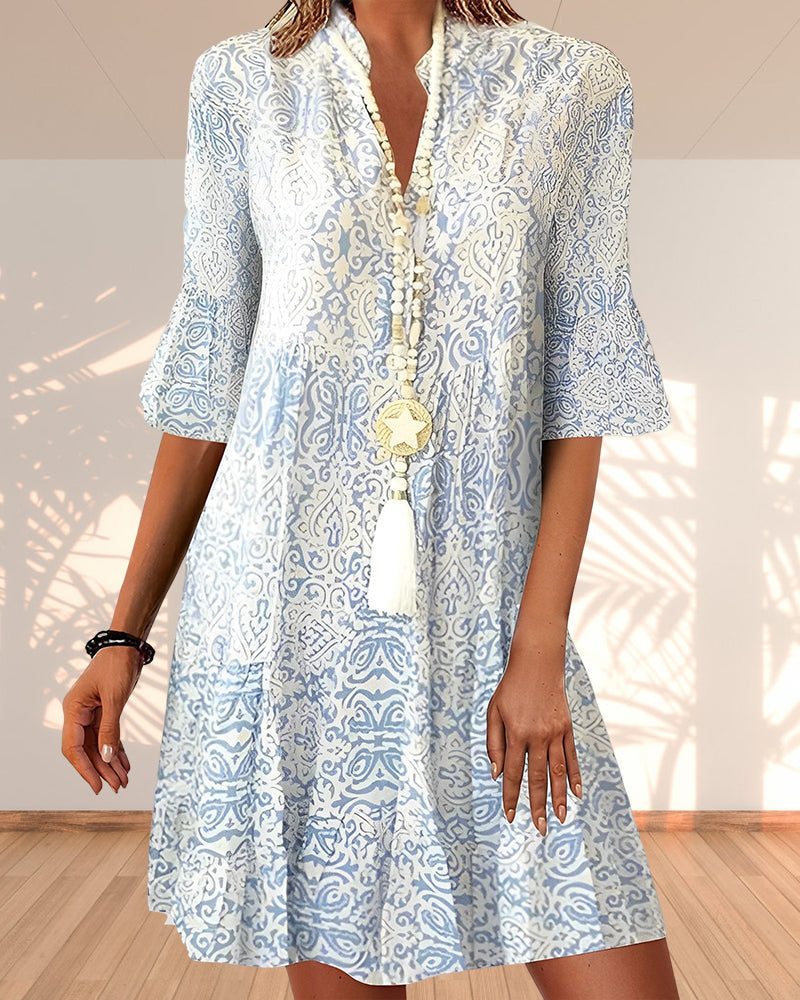 Women's Boho Print Summer Dresses with V-Neck and Tiered Midi Skirt