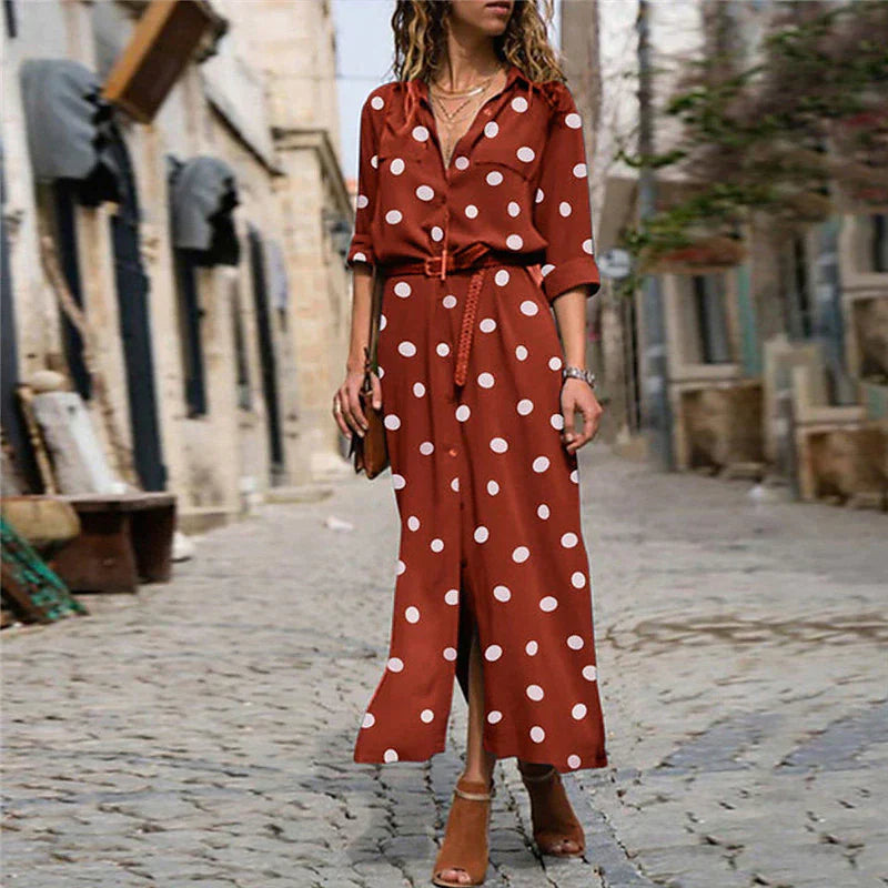 Women's Casual Wide Leg Jumpsuit with Polka Dot Print and Tie Belt