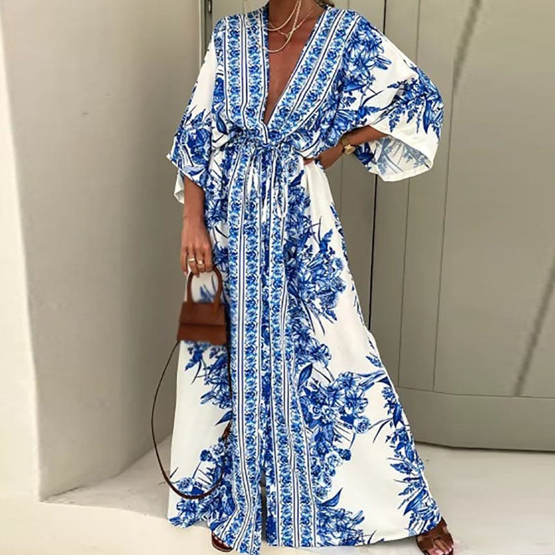 Women's Floral Maxi Sundress in Cotton Blend with Tie Belt and Slit