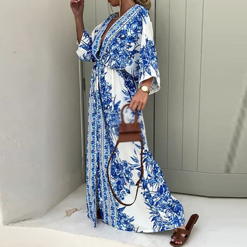 Women's Floral Maxi Sundress in Cotton Blend with Tie Belt and Slit