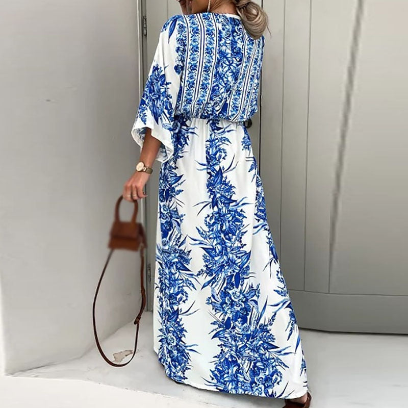 Women's Floral Maxi Sundress in Cotton Blend with Tie Belt and Slit
