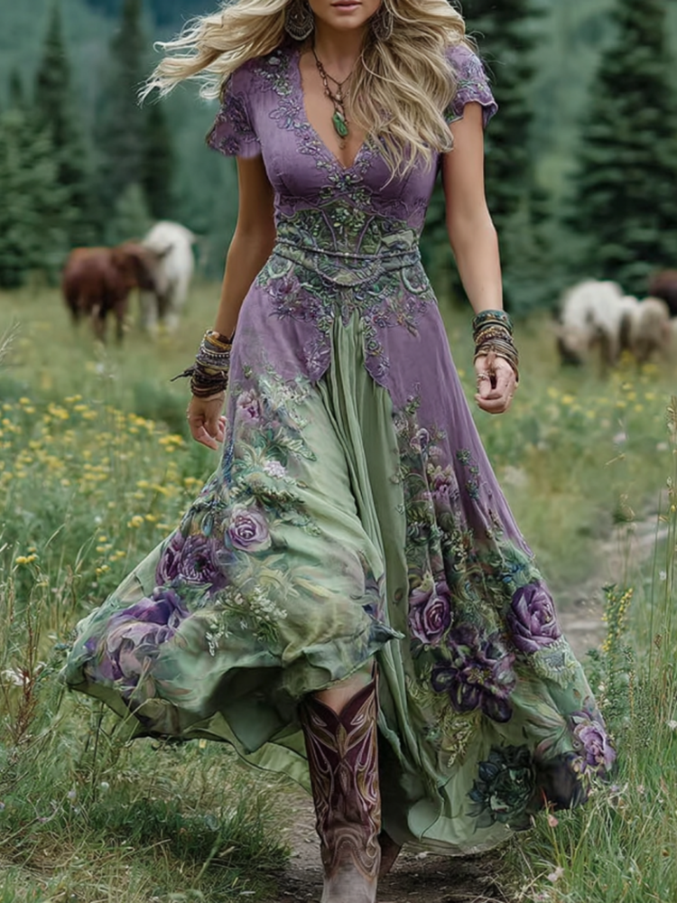 Women's Floral Maxi Sundress with V-Neck and Flowing A-Line Skirt