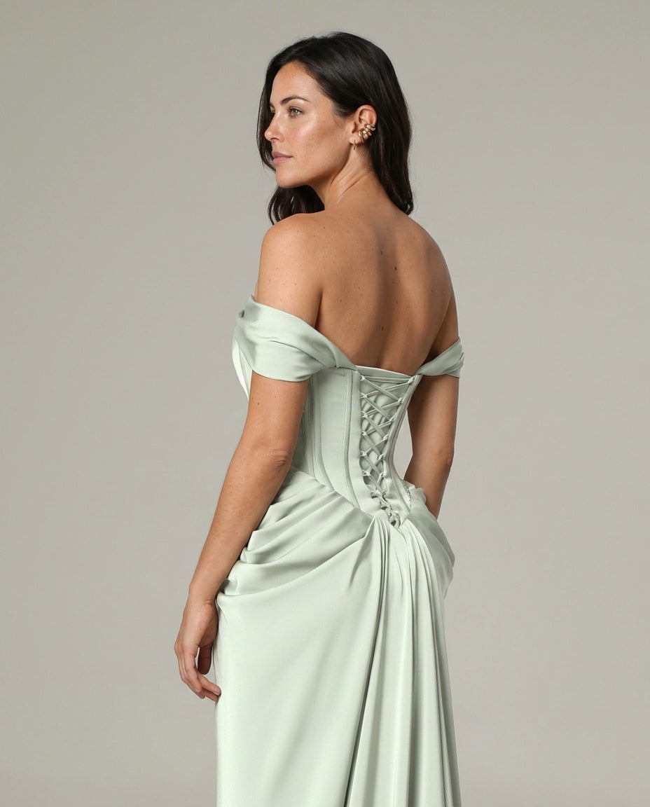 Women's Formal Sundress with Lace-Up Bodice in Pleated Satin Look