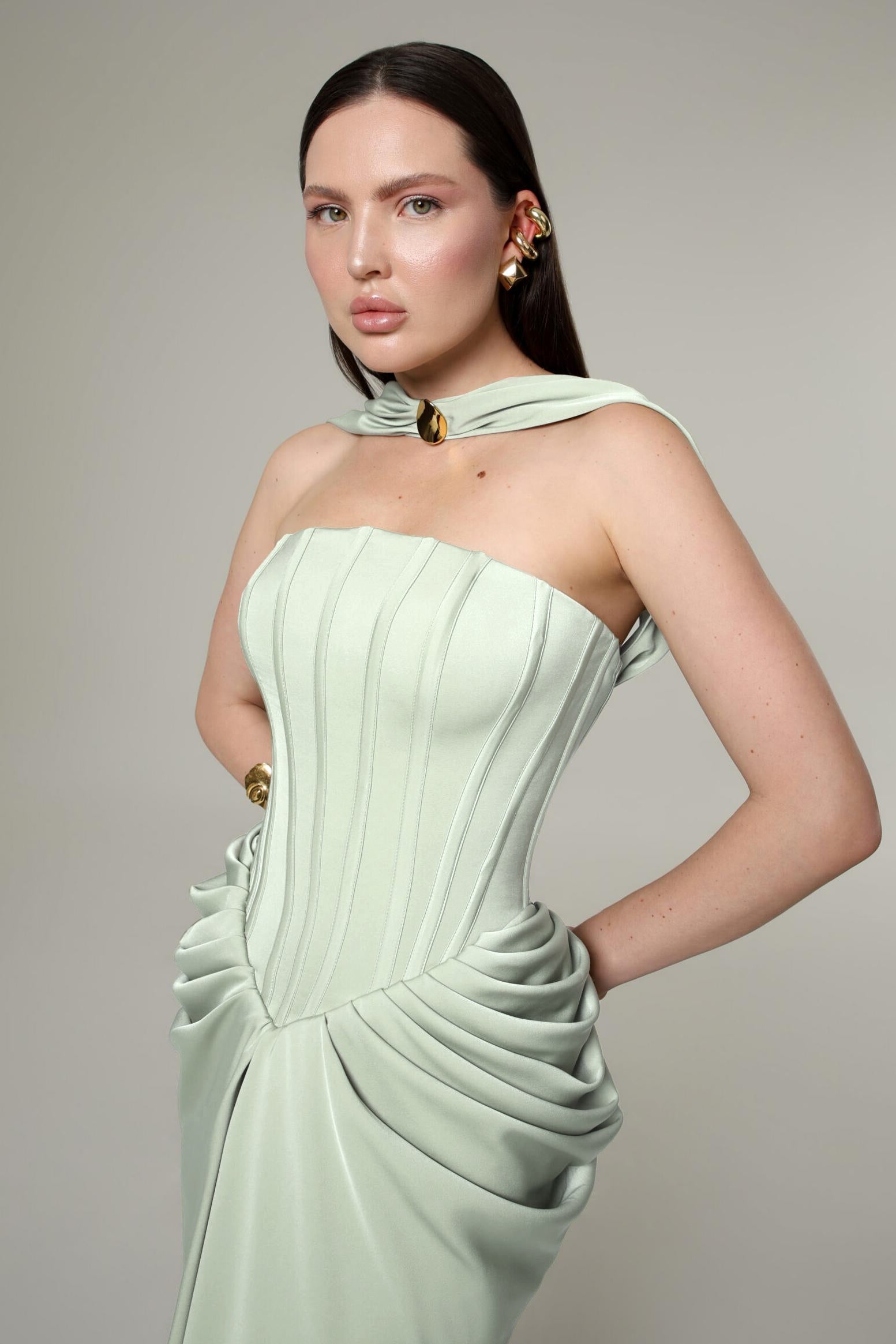 Women's Formal Sundress with Lace-Up Bodice in Pleated Satin Look