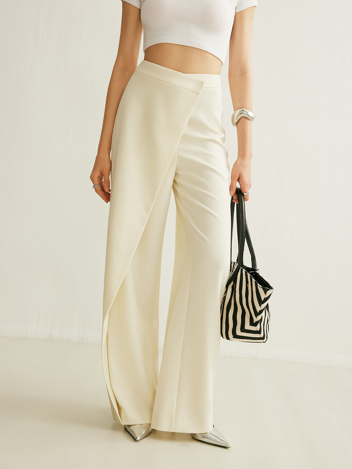 Women's High Waist Wide Leg Pants in Summer with Asymmetric Wrap Front