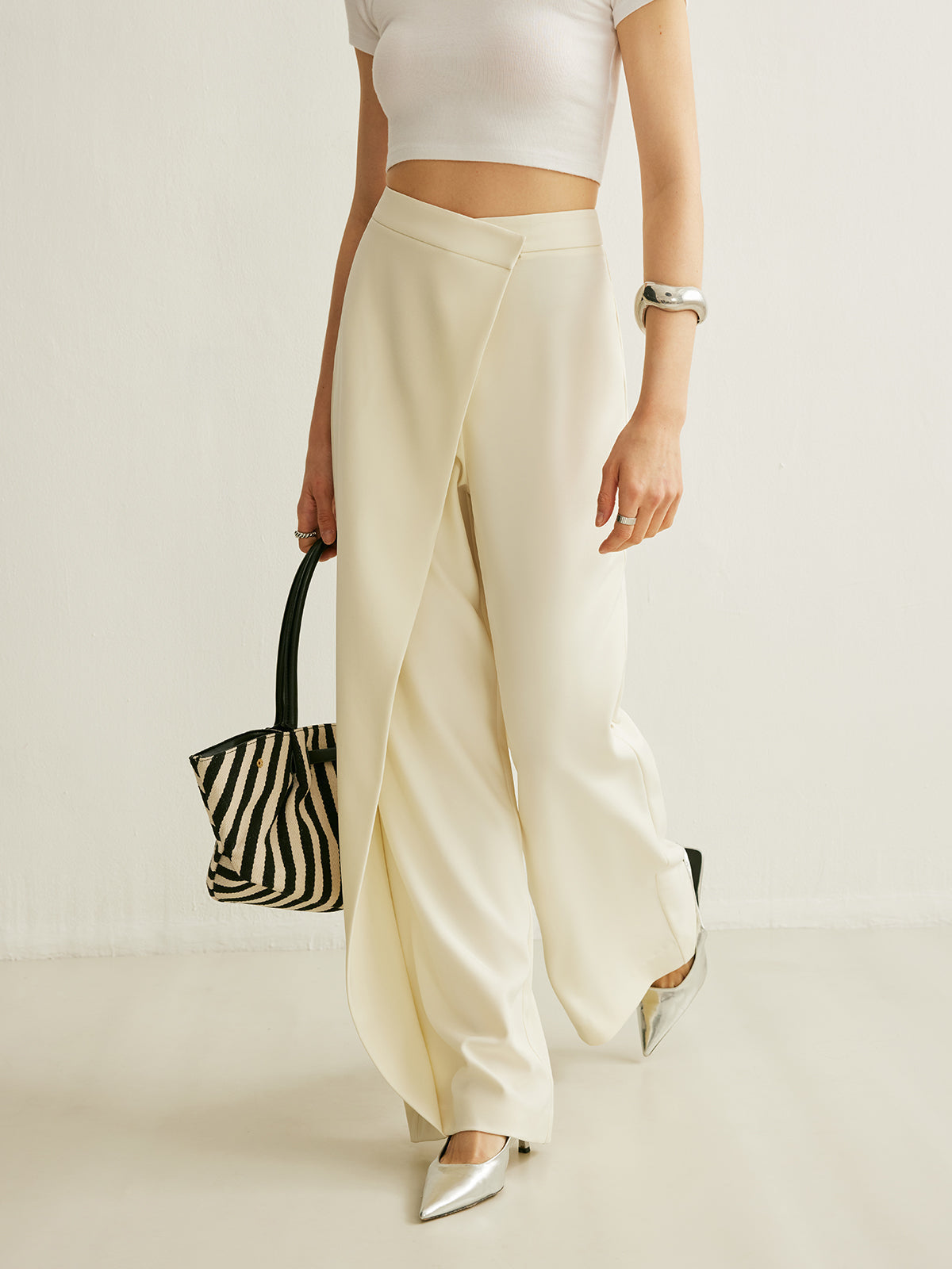 Women's High Waist Wide Leg Pants in Summer with Asymmetric Wrap Front