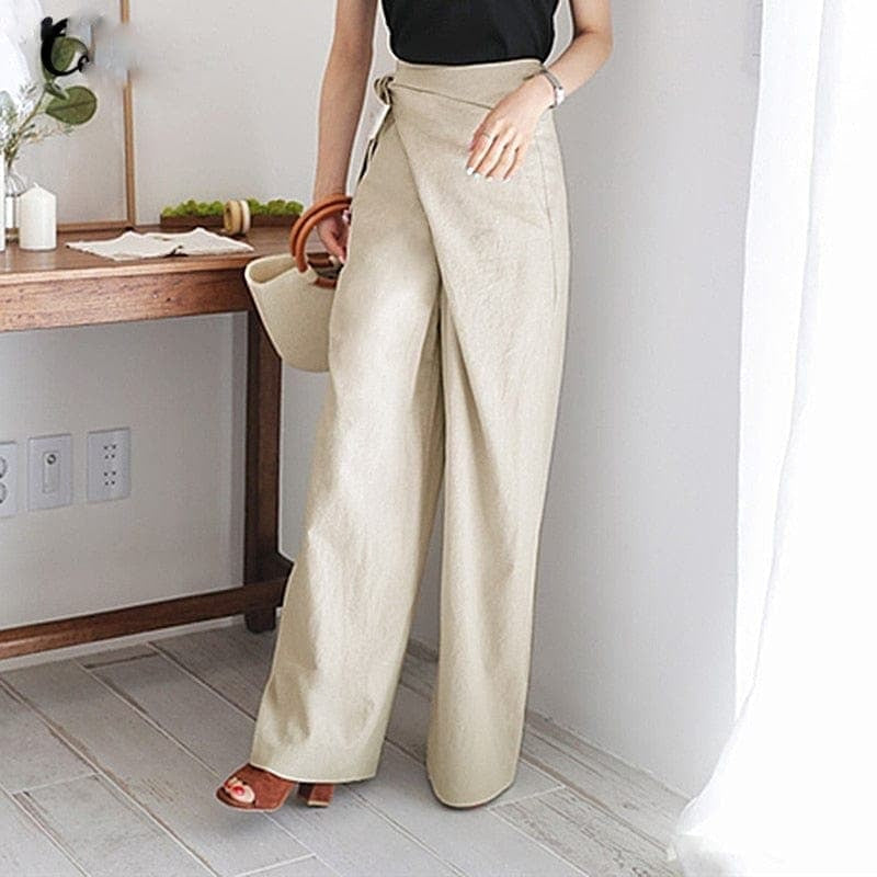 Women's High Waist Wide Leg Summer Pants with Tie Front in Linen Look