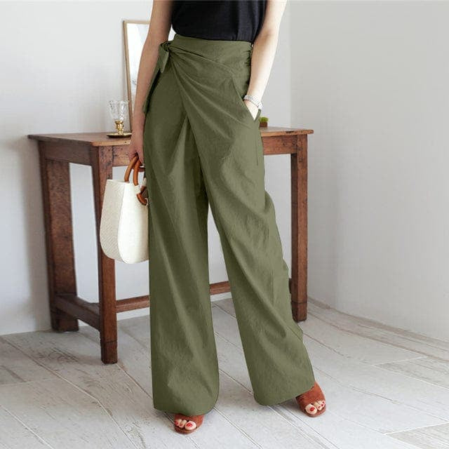 Women's High Waist Wide Leg Summer Pants with Tie Front in Linen Look
