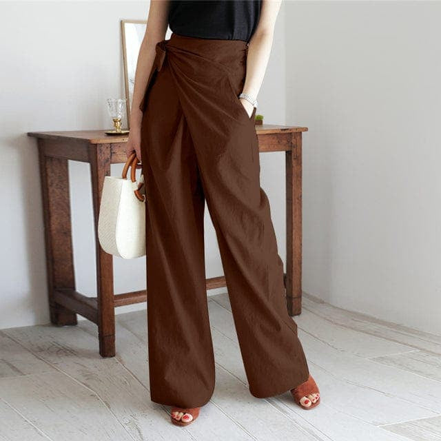 Women's High Waist Wide Leg Summer Pants with Tie Front in Linen Look