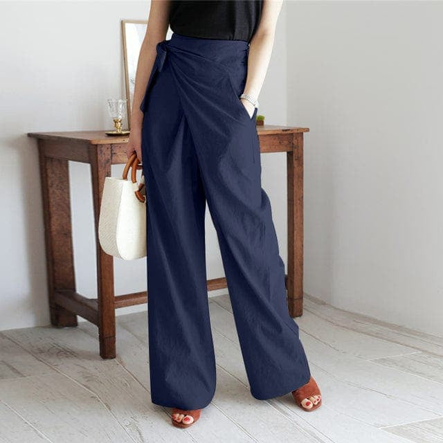 Women's High Waist Wide Leg Summer Pants with Tie Front in Linen Look