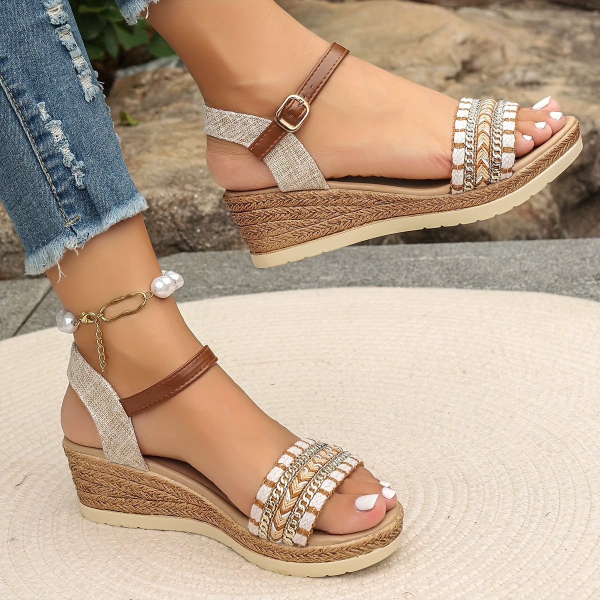 Women's Khaki Wedges with Woven Raffia Look and Buckle Ankle Strap