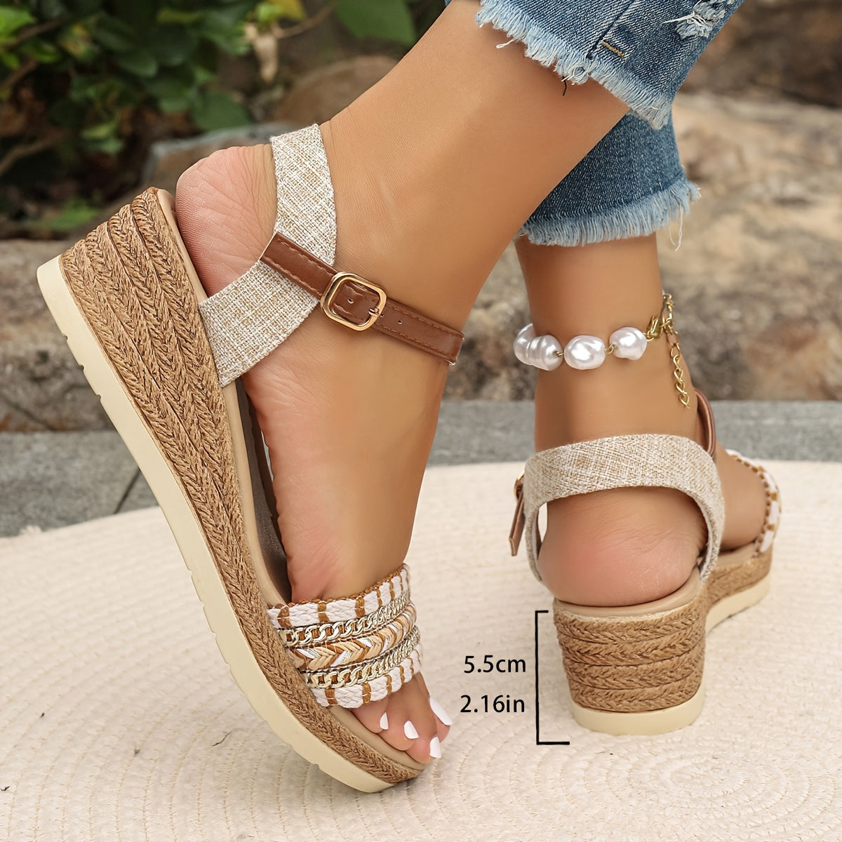 Women's Khaki Wedges with Woven Raffia Look and Buckle Ankle Strap