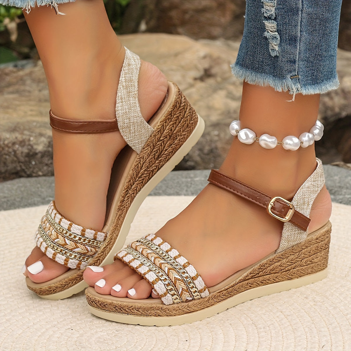 Women's Khaki Wedges with Woven Raffia Look and Buckle Ankle Strap