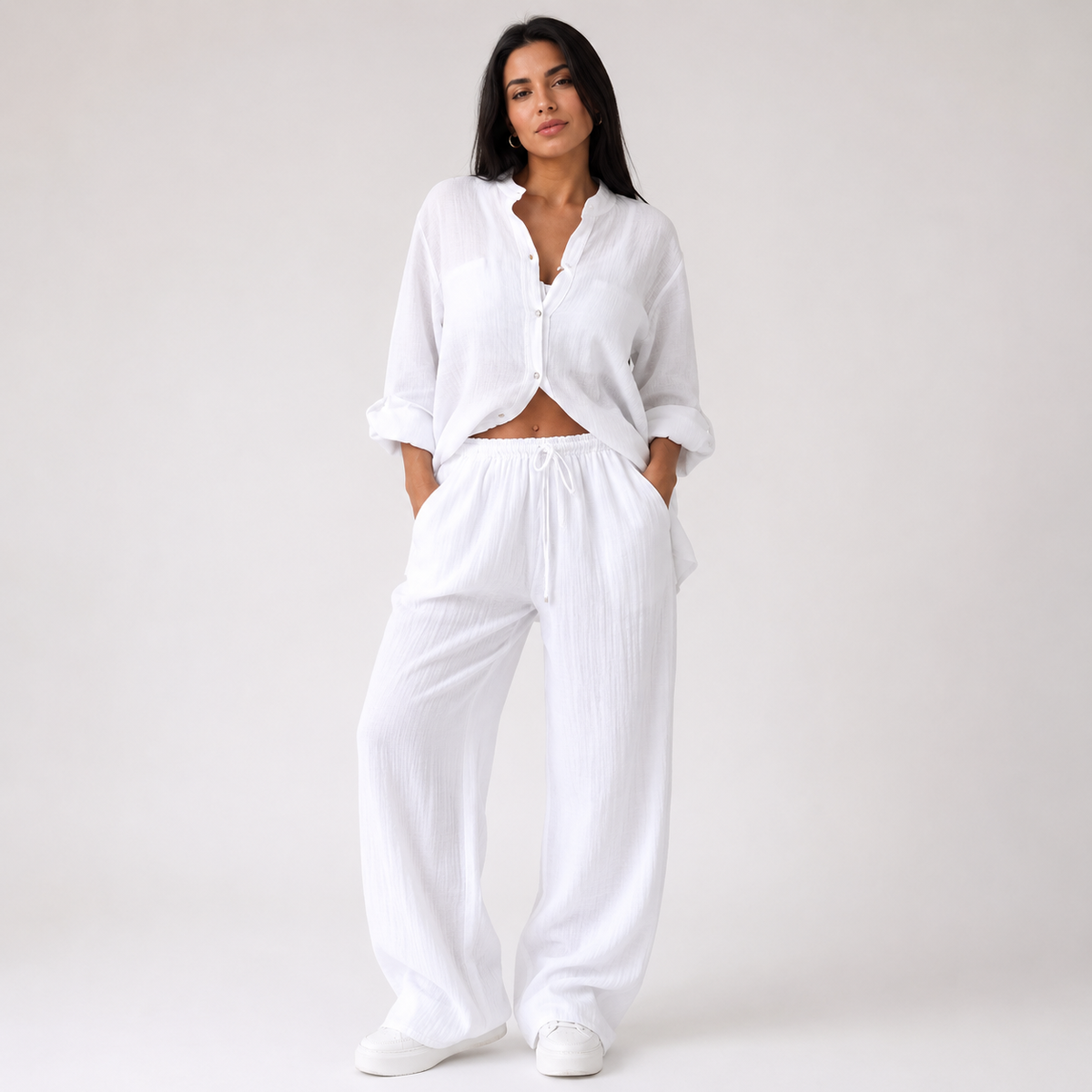 Women's Linen-Feel Wide Leg Two Piece Set with Button-Up Shirt