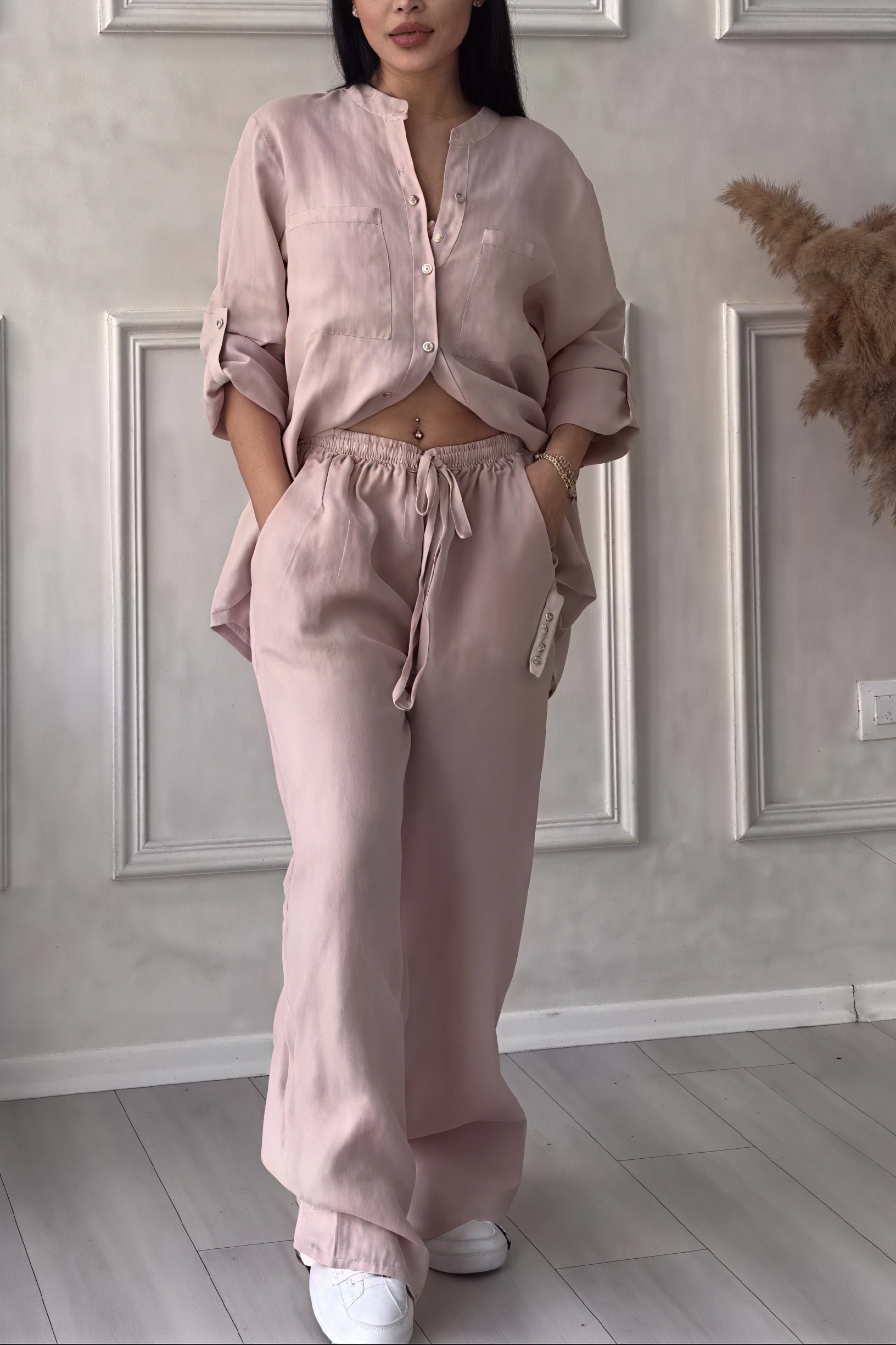 Women's Linen-Feel Wide Leg Two Piece Set with Button-Up Shirt