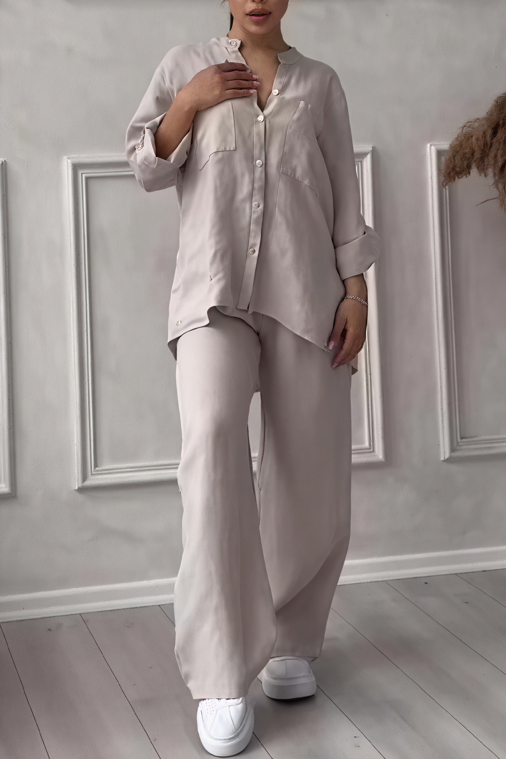 Women's Linen-Feel Wide Leg Two Piece Set with Button-Up Shirt
