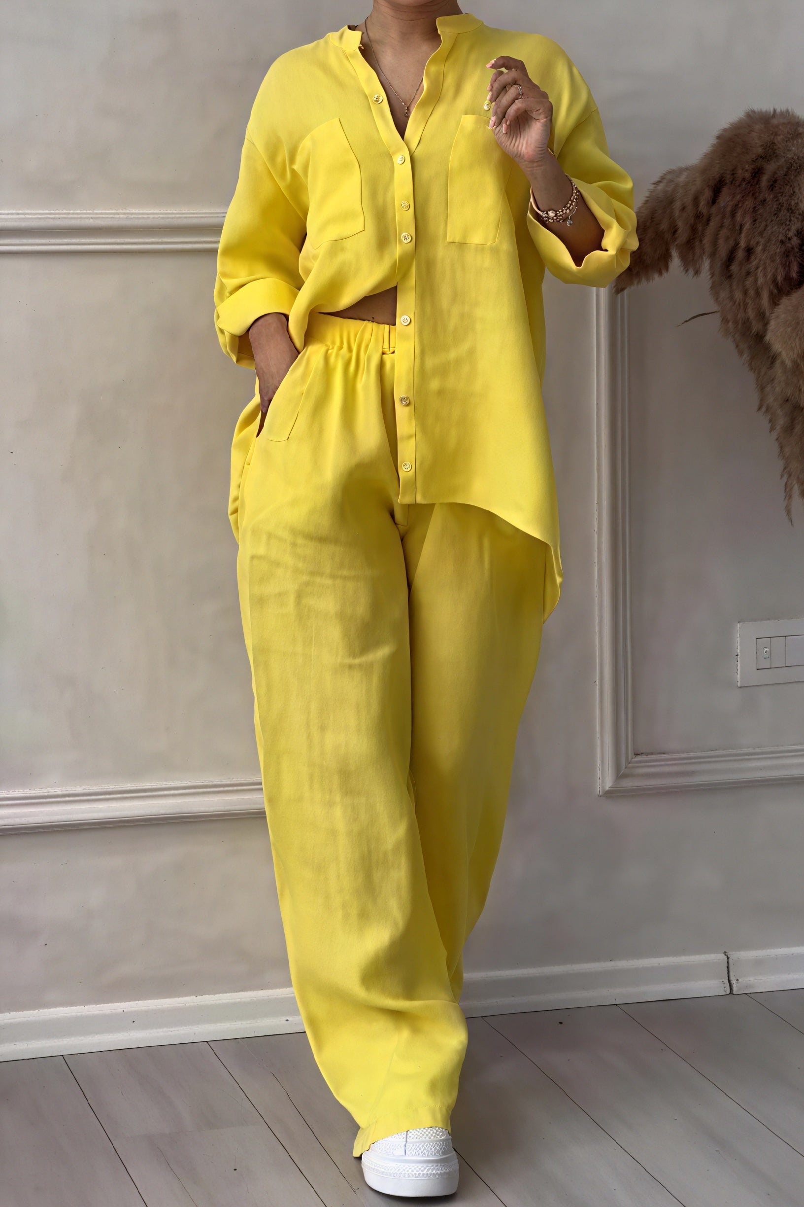 Women's Linen-Feel Wide Leg Two Piece Set with Button-Up Shirt