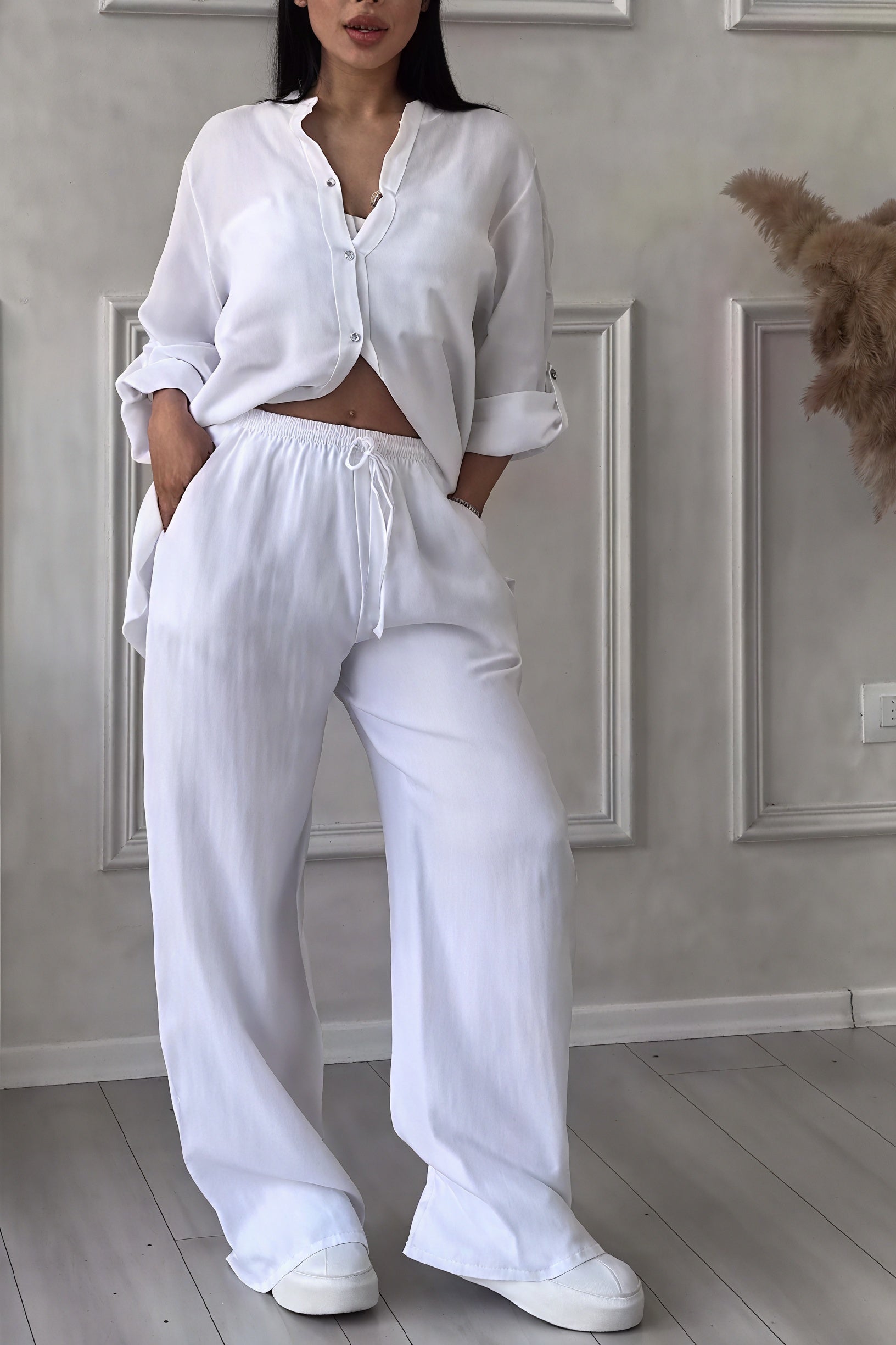 Women's Linen-Feel Wide Leg Two Piece Set with Button-Up Shirt