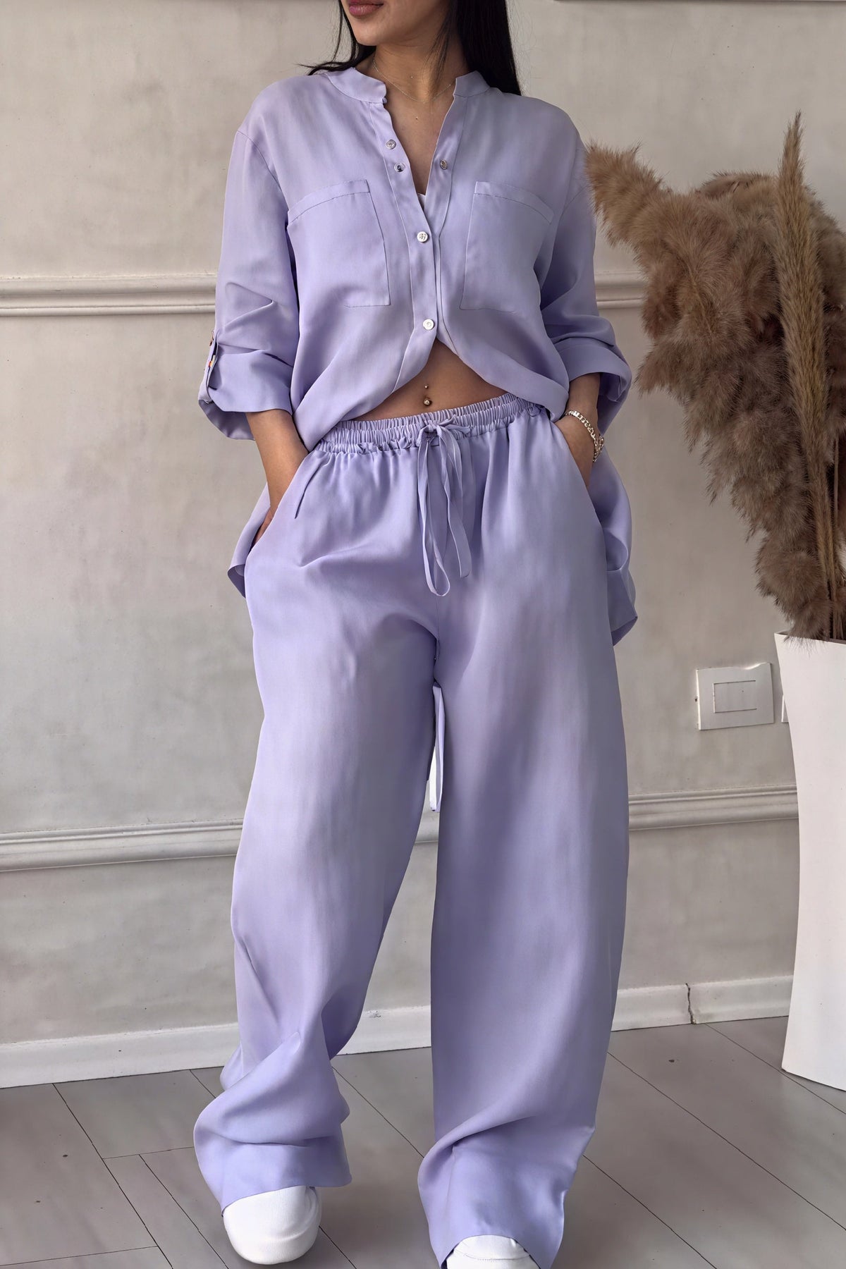 Women's Linen-Feel Wide Leg Two Piece Set with Button-Up Shirt