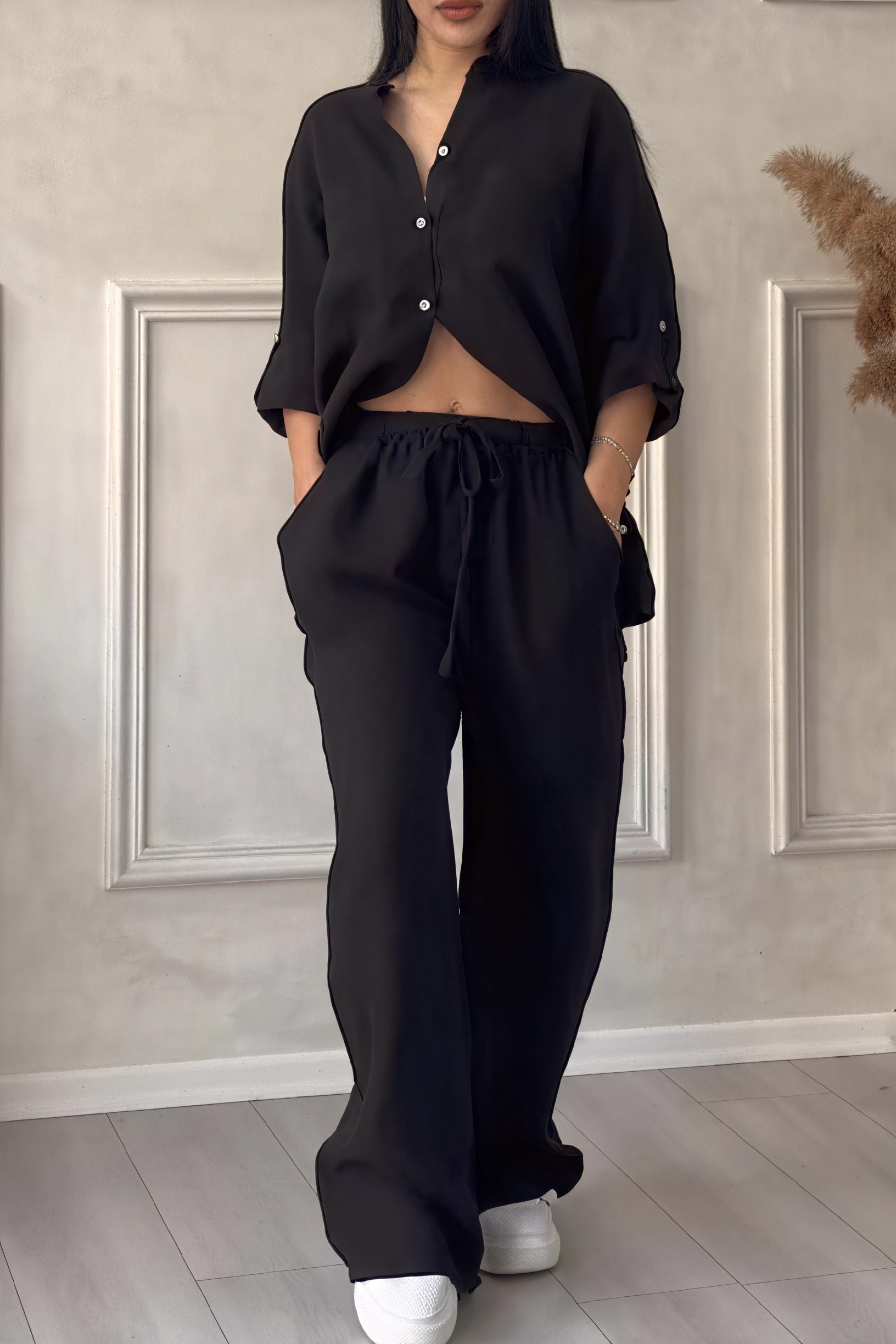 Women's Linen-Feel Wide Leg Two Piece Set with Button-Up Shirt