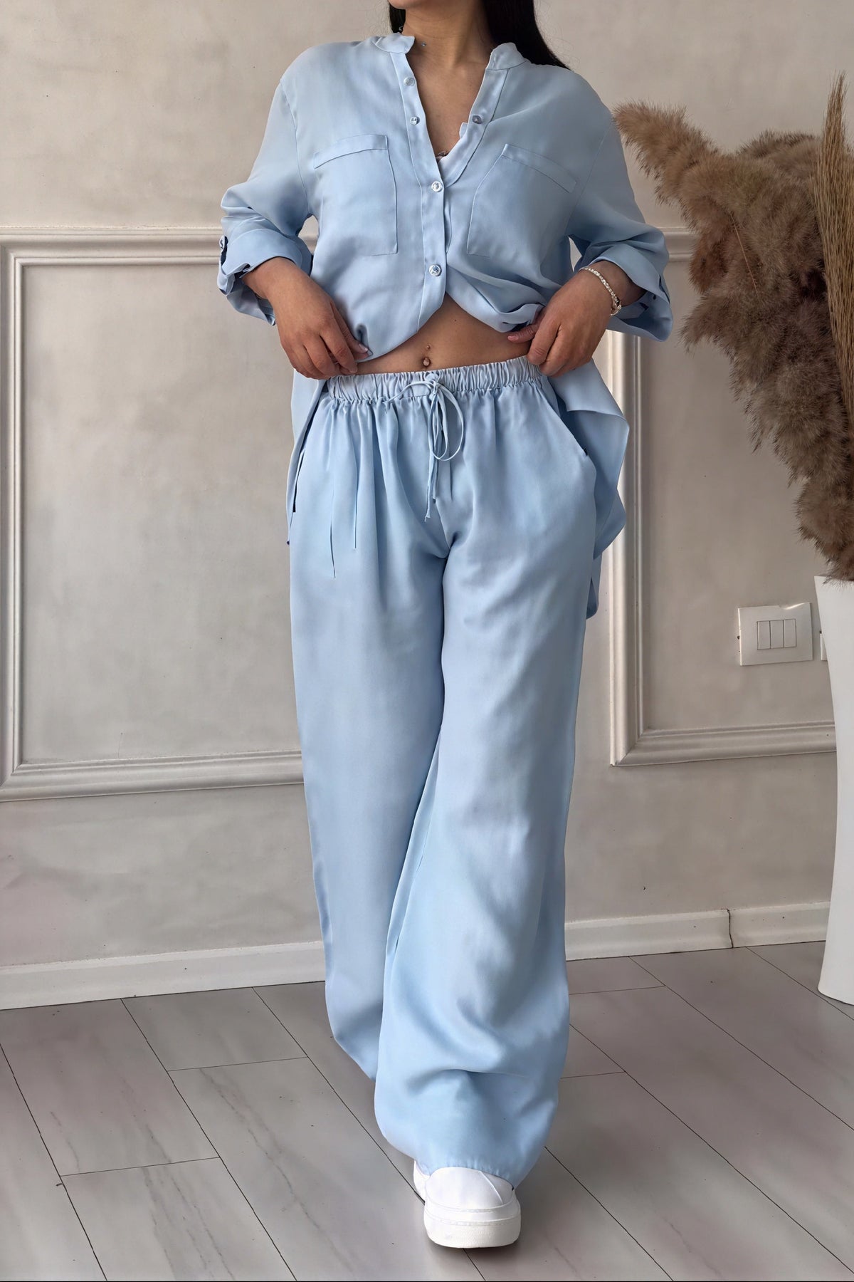 Women's Linen-Feel Wide Leg Two Piece Set with Button-Up Shirt