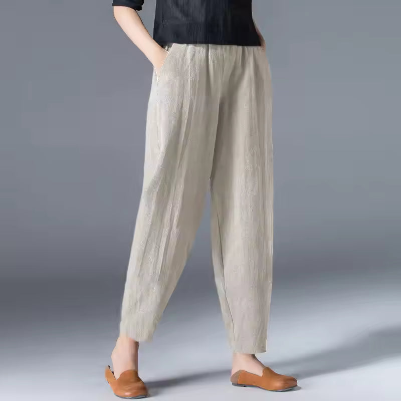 Women's Linen Look Pants in Summer with Wide Legs and Side Pockets