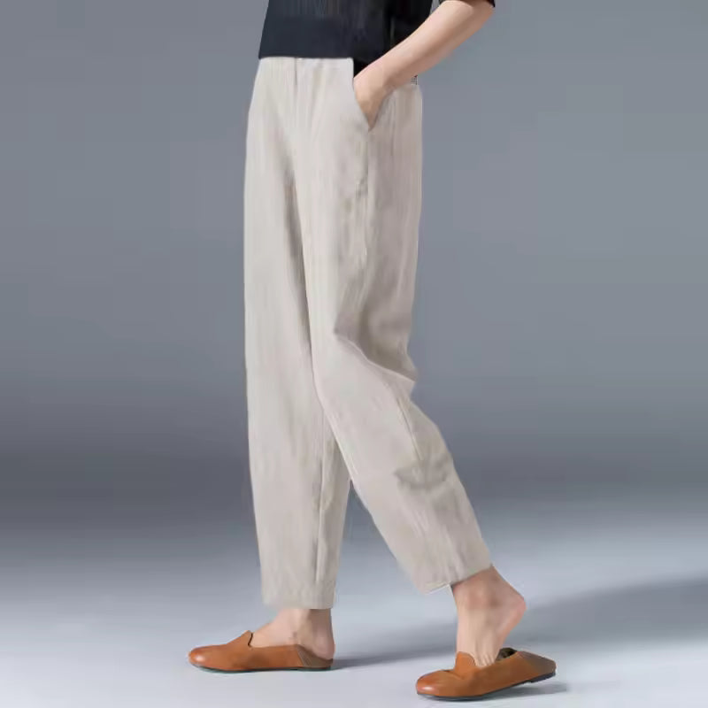 Women's Linen Look Pants in Summer with Wide Legs and Side Pockets