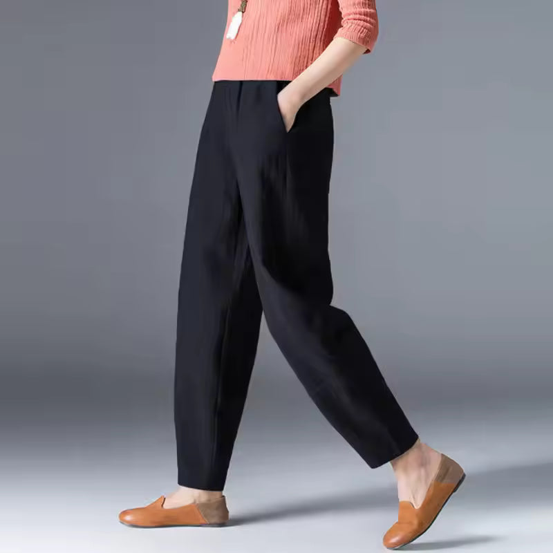 Women's Linen Look Pants in Summer with Wide Legs and Side Pockets